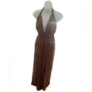 Aakaa Brown and Blue abstract print halter jumpsuit S